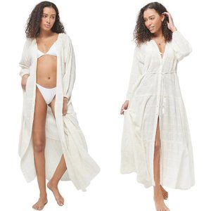 L*Space Button Up Duster Maxi Dress Semi-Sheer Beach Cover Up in Cream Plaid